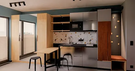 Wnętrze kuchni z drewnianymi meblami, minimalistyczne i nowoczesne.