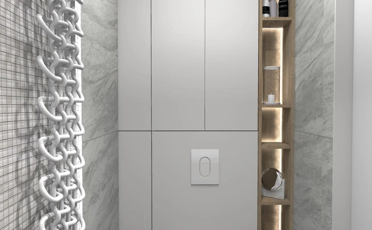 Nowoczesna łazienka z białym WC, szarymi płytkami i drewnianymi akcentami. Styl dopamine decor, industrialny.