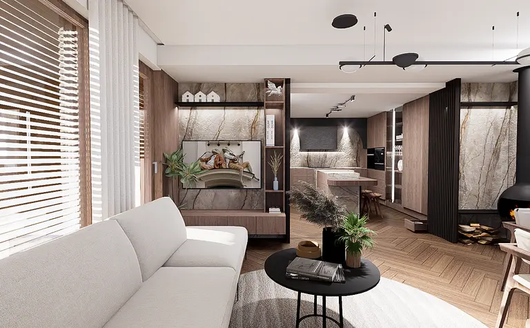Wnętrze salonu w stylu eklektycznym z art deco, boho, glamour i skandynawskim.