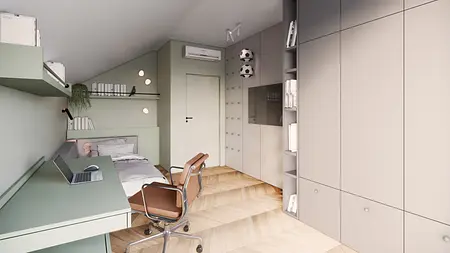 Wnętrze pokoju w stylu japandi i minimalistycznym z biurkiem, łóżkiem i półkami.