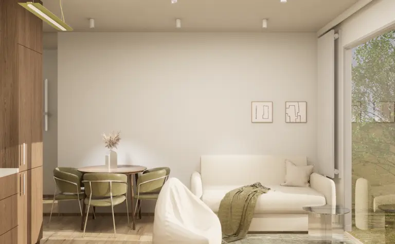 Wnętrze salonu w stylu japandi z minimalistycznymi meblami, eklektycznymi dodatkami.