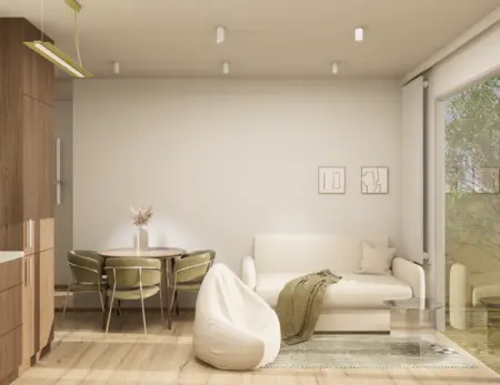 Wnętrze salonu w stylu japandi z minimalistycznymi meblami, eklektycznymi dodatkami.