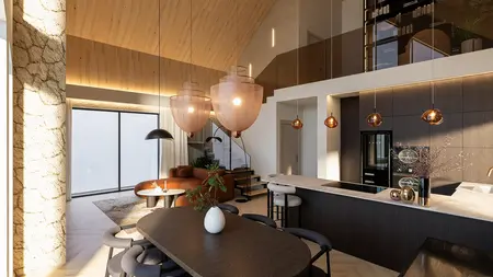 Eklektyczny salon z kuchnią, drewnianym sufitem i miedzianymi lampami nad wyspą kuchenną