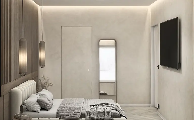 Wnętrze sypialni w stylu japandi z beżowym łóżkiem i drewnianymi detalami.