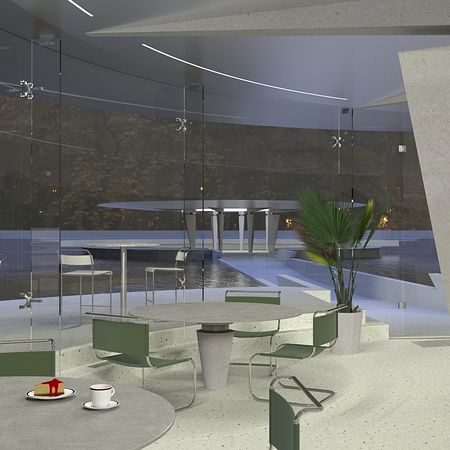 Wnętrze z okrągłym stołem, zielonymi krzesłami, nowoczesne, minimalistyczne