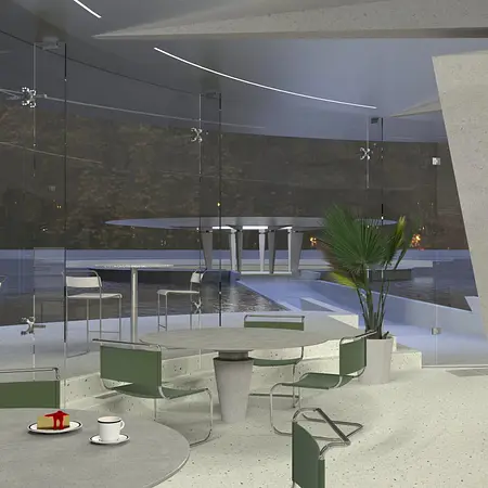 Wnętrze z okrągłym stołem, zielonymi krzesłami, nowoczesne, minimalistyczne