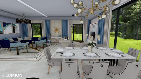 Wnętrze salonu w stylu art deco i nowoczesnym z niebieską sofą i białym stołem.