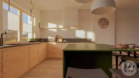 Kuchnia w stylu japandi i minimalistycznym z drewnem i zielonym blatem.