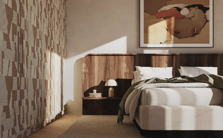 Sypialnia w stylu art deco, boho, japandi, minimalistycznym i vintage z brązowym zagłówkiem.