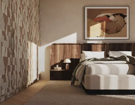 Sypialnia w stylu art deco, boho, japandi, minimalistycznym i vintage z brązowym zagłówkiem.