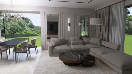 Wnętrze salonu z szarym narożnikiem, czarnym stolikiem oraz dużymi oknami w stylu quiet luxury.