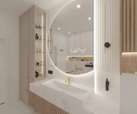 Nowoczesna łazienka z dużym lustrem, białymi meblami oraz drewnianymi detalami w stylu minimaluxe, quiet luxury.