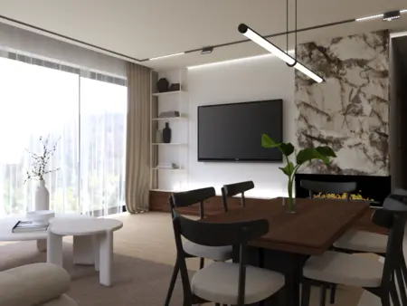 Wnętrze salonu z minimalistycznym stylem, telewizor, drewniany stół, rośliny.