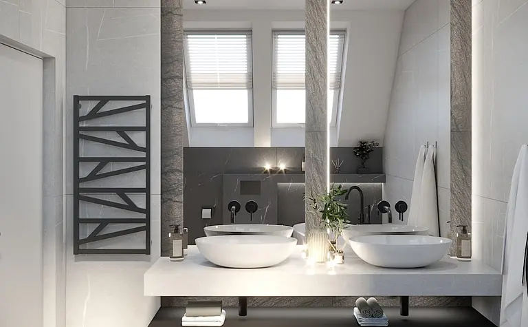 Nowoczesna łazienka z minimalistycznym designem, dwiema umywalkami i szarymi płytkami.