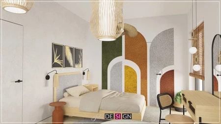Wnętrze sypialni z boho, dopamine decor i eklektycznymi akcentami.