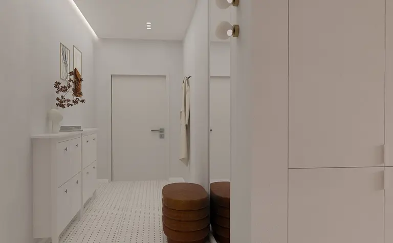 Przedpokój w stylu minimalistycznym, vintage, współczesnym z białymi meblami i brązowymi siedziskami.