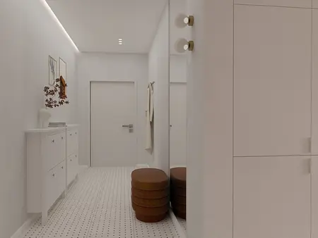 Przedpokój w stylu minimalistycznym, vintage, współczesnym z białymi meblami i brązowymi siedziskami.