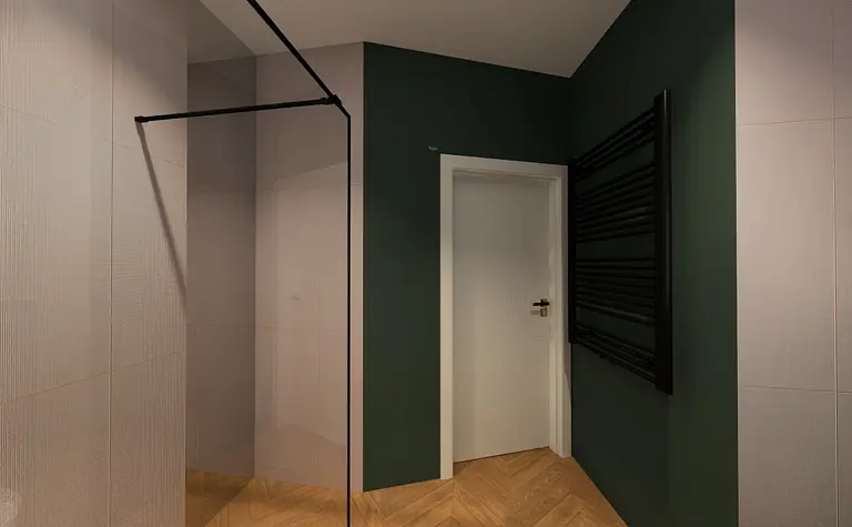 Wnętrze łazienki z zielonymi ścianami, szarymi płytkami i kabiną prysznicową w stylu eklektycznym.