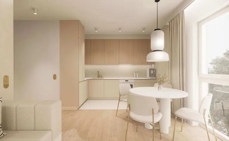 Wnętrze kuchni w stylu japandi, minimalistycznym i nowoczesnym z jasnymi meblami.