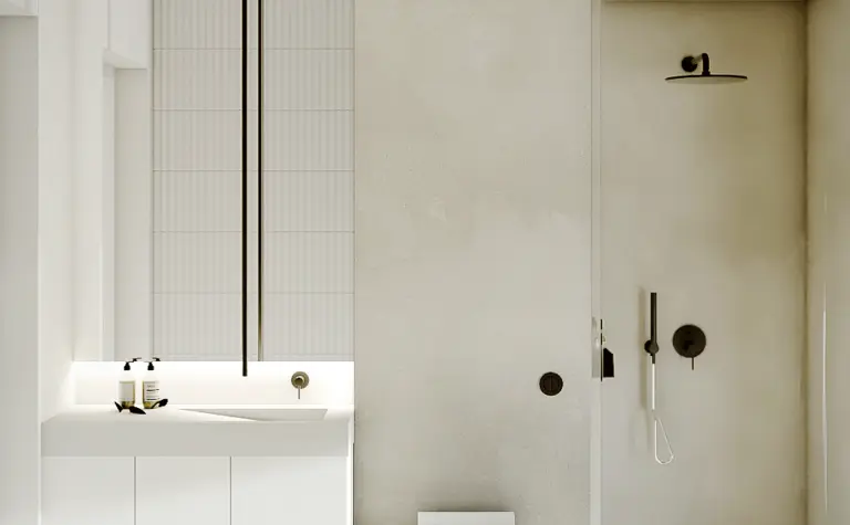 Nowoczesna łazienka z minimalistycznym designem, w stylu skandynawskim i soft minimalizmie.