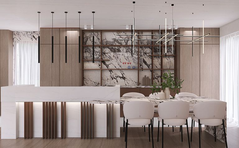 Wnętrze kuchni z marmurowymi akcentami i drewnianymi meblami, nowoczesny design.