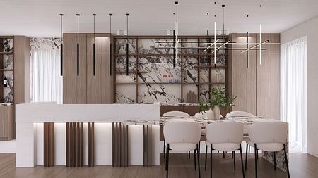 Wnętrze kuchni z marmurowymi akcentami i drewnianymi meblami, nowoczesny design.