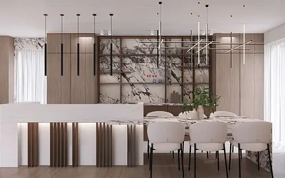 Wnętrze kuchni z marmurowymi akcentami i drewnianymi meblami, nowoczesny design.