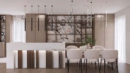 Wnętrze kuchni z marmurowymi akcentami i drewnianymi meblami, nowoczesny design.