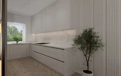 Kuchnia z białymi meblami, nowoczesnymi akcentami, minimalistyczna i soft minimalizm.