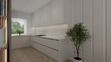 Kuchnia z białymi meblami, nowoczesnymi akcentami, minimalistyczna i soft minimalizm.