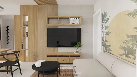 Wnętrze salonu z drewnianymi elementami, telewizorem i rośliną, styl japandi, nowoczesny, tradycyjny.
