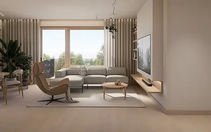 Wnętrze salonu w stylu minimalistycznym, soft minimalizm z nowoczesnymi akcentami.