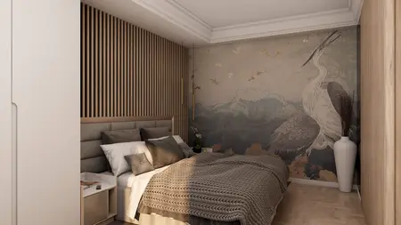 Wnętrze sypialni z drewnianą ścianą i obrazem, nowoczesny styl, współczesny design.