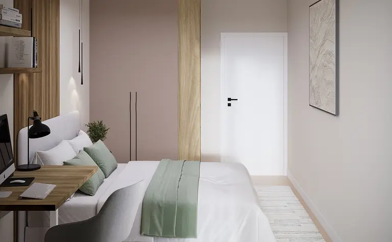 Sypialnia w stylu eklektycznym, minimalistycznym i nowoczesnym z jasnymi kolorami.