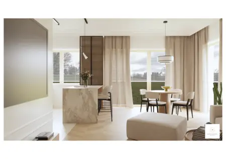 Wnętrze kuchni z jasnymi meblami, marmurowym blatem i minimalistycznym designem.