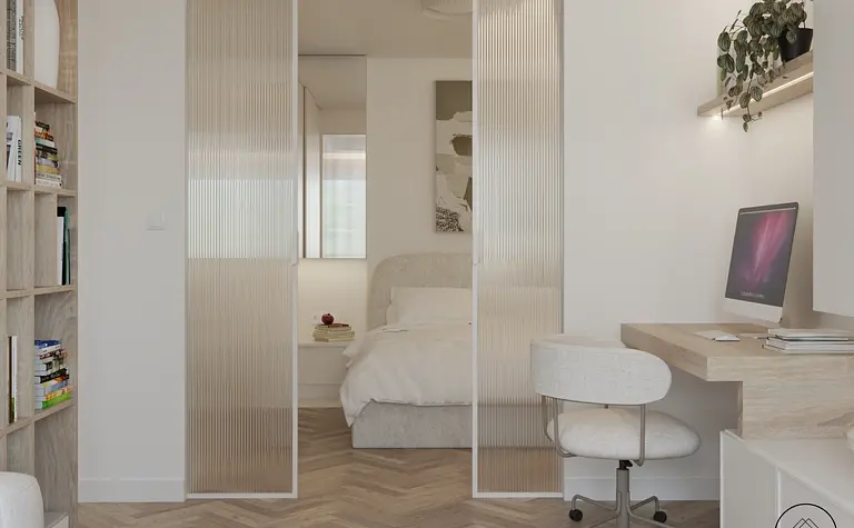 Wnętrze w stylu japandi z minimalistycznym biurkiem i skandynawskim łóżkiem.
