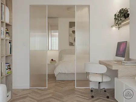 Wnętrze w stylu japandi z minimalistycznym biurkiem i skandynawskim łóżkiem.