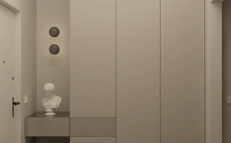Przedpokój w stylu minimalistycznym z szafą, rzeźbą i podłogą.