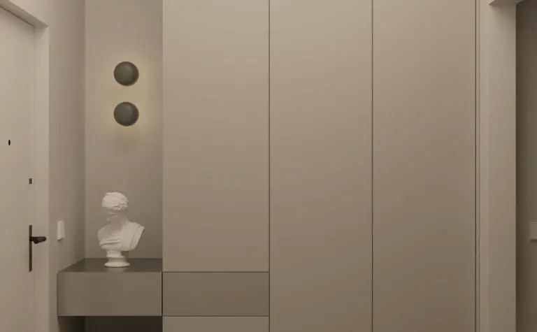 Przedpokój w stylu minimalistycznym z szafą, rzeźbą i podłogą.