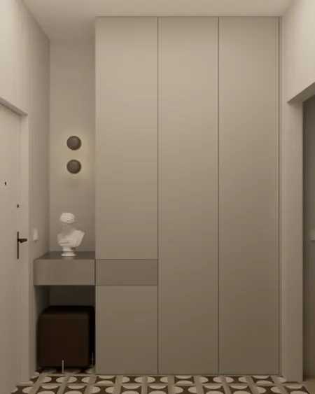 Przedpokój w stylu minimalistycznym z szafą, rzeźbą i podłogą.