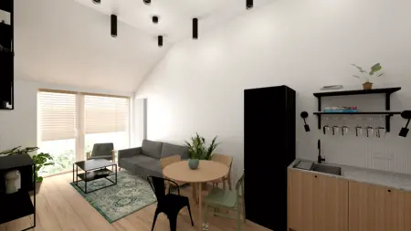 Wnętrze kuchni w stylu industrialnym i skandynawskim z drewnianym blatem.