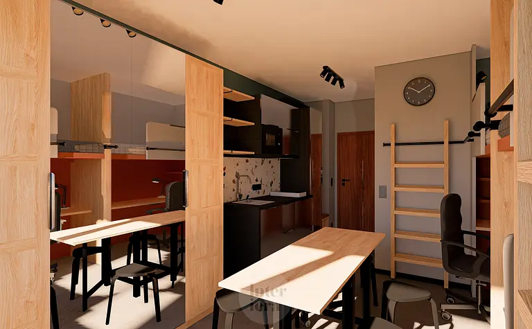 Wnętrze kuchni z drewnianymi meblami, minimalistycznym stylem, nowoczesnymi akcentami.