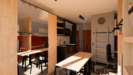 Wnętrze kuchni z drewnianymi meblami, minimalistycznym stylem, nowoczesnymi akcentami.