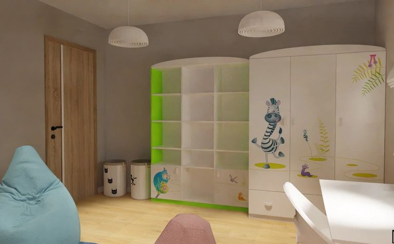 Pokój dla dzieci z kolorową szafą i zieloną półką, współczesny design.