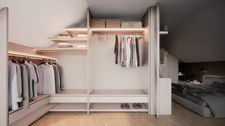 Garderoba w stylu japandi i minimalistycznym z ubraniami i półkami