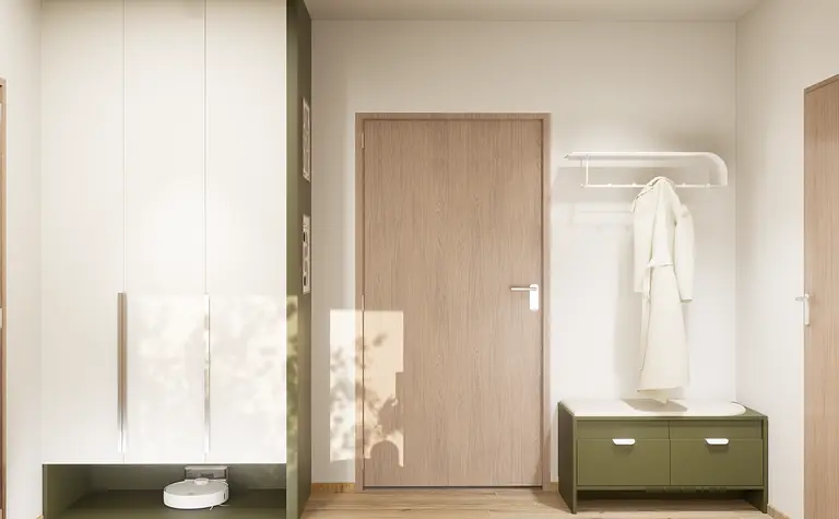 Nowoczesny przedpokój w stylu japandi z minimalistycznymi meblami i eklektycznymi dodatkami.