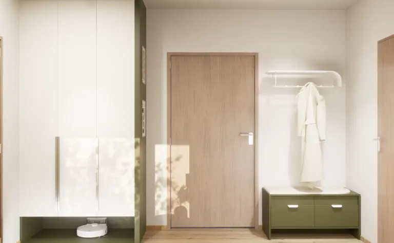 Nowoczesny przedpokój w stylu japandi z minimalistycznymi meblami i eklektycznymi dodatkami.