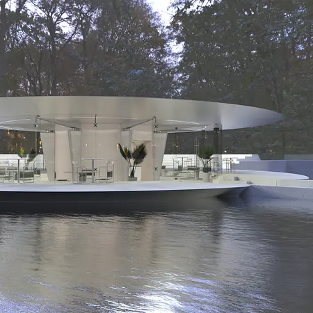 Wnętrze z przeszklonymi ścianami, minimalistyczny design i nowoczesne meble.