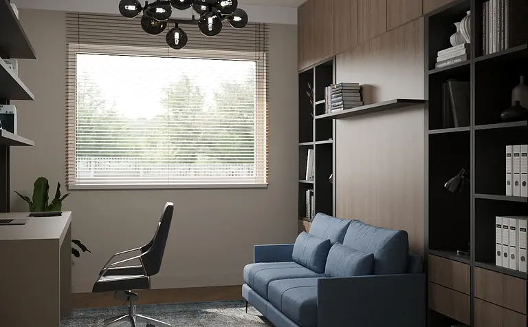 Gabinet w stylu minimalistycznym z niebieską sofą, drewnianymi elementami i nowoczesnym oświetleniem.