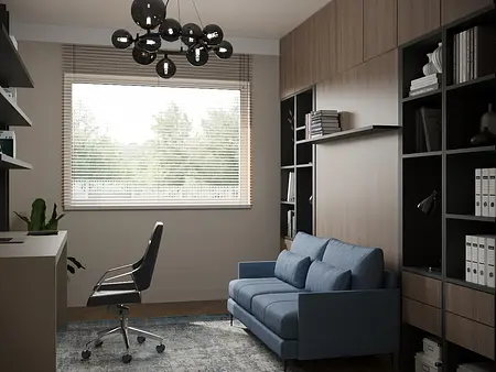 Gabinet w stylu minimalistycznym z niebieską sofą, drewnianymi elementami i nowoczesnym oświetleniem.